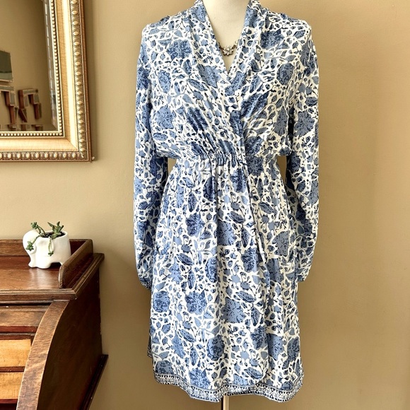 Natalie Martin Nico Long Sleeve Silk Mini Dress Wrap Blue White Floral Sz S NWT - Picture 3 of 16